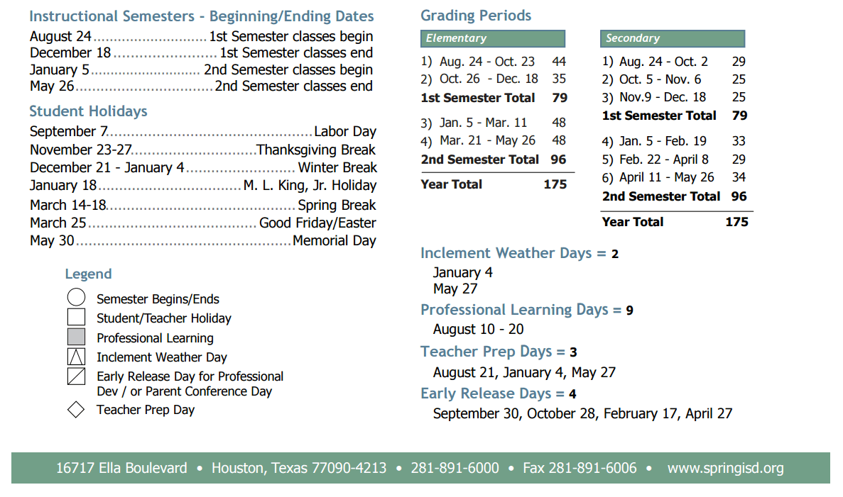 Dueitt Middle School District Instructional Calendar Spring Isd