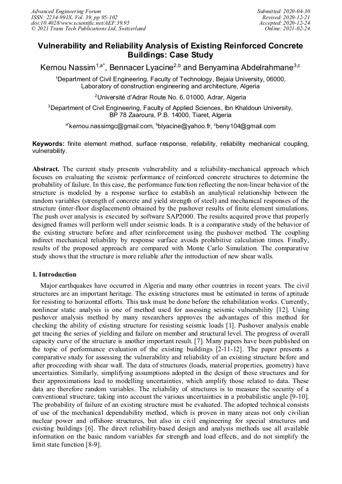 Vulnerability and Reliability Analysis of Existing Reinforced Concrete
