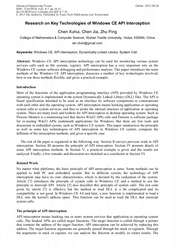 Research on Key Technologies of Windows CE API Interception