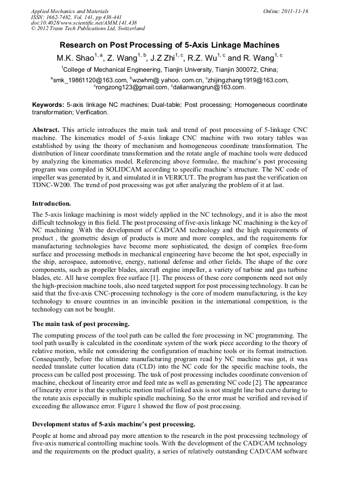 Research On Post Processing Of 5 Axis Linkage Machines Scientific Net