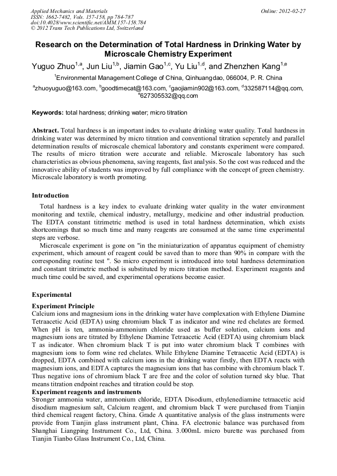 Research on the Determination of Total Hardness in Drinking Water by