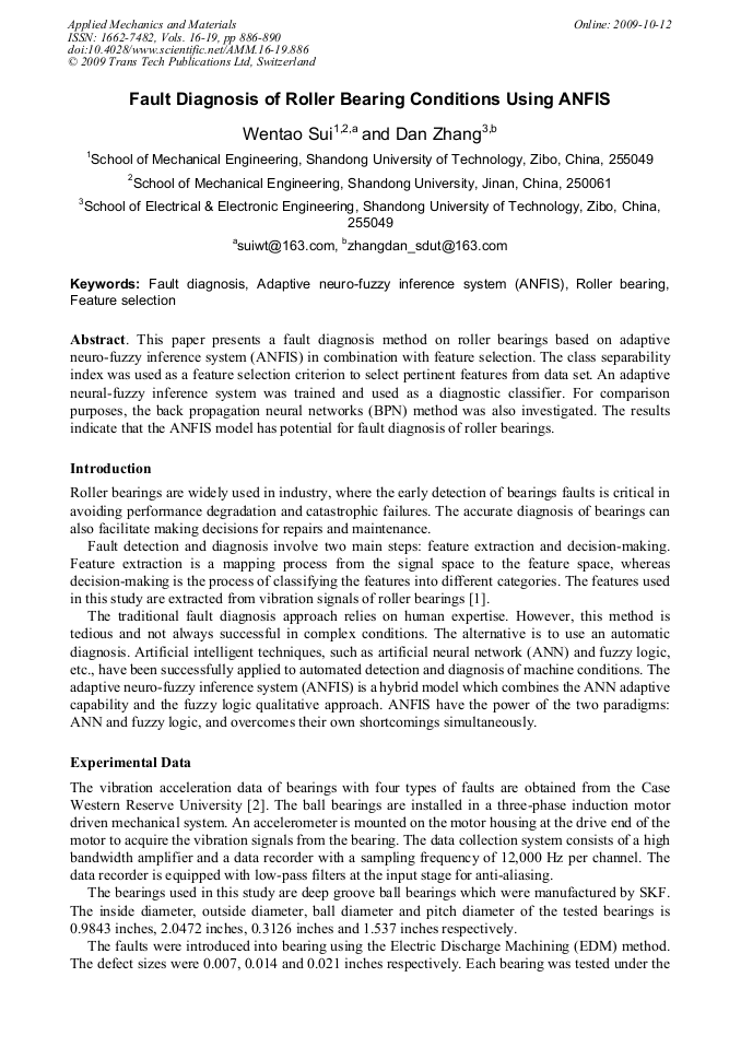 Fault Diagnosis of Roller Bearing Conditions Using ANFIS