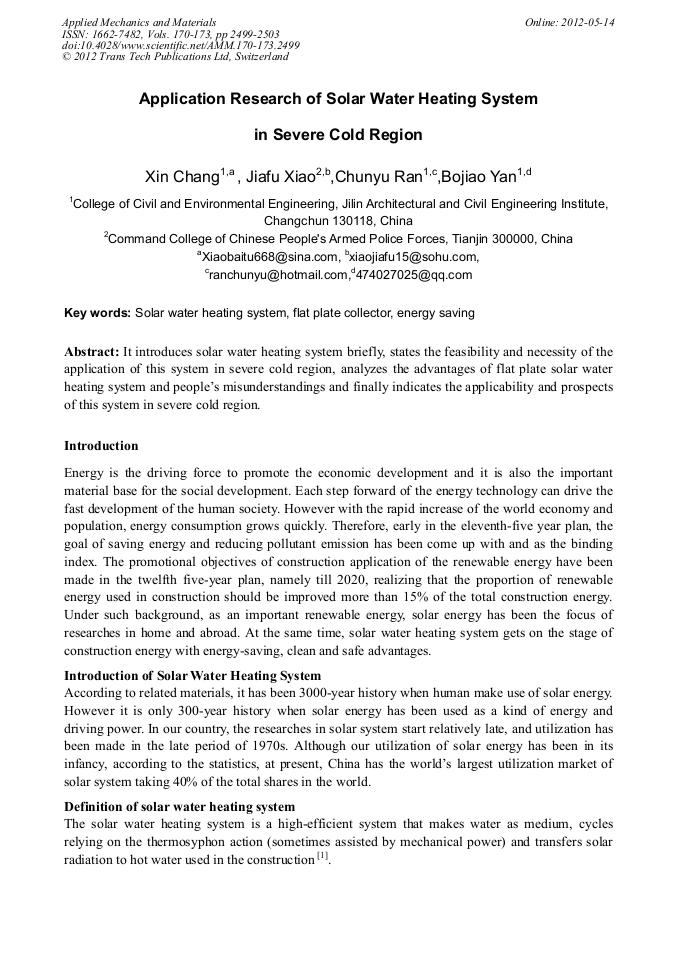 Application Research of Solar Water Heating System in Severe Cold