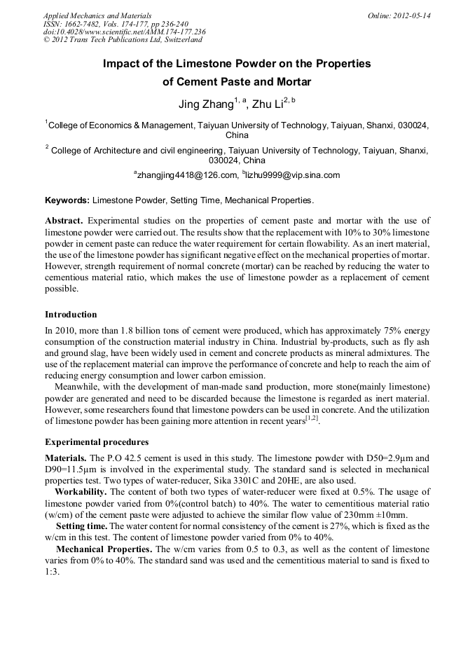 Impact of the Limestone Powder on the Properties of Cement Paste and
