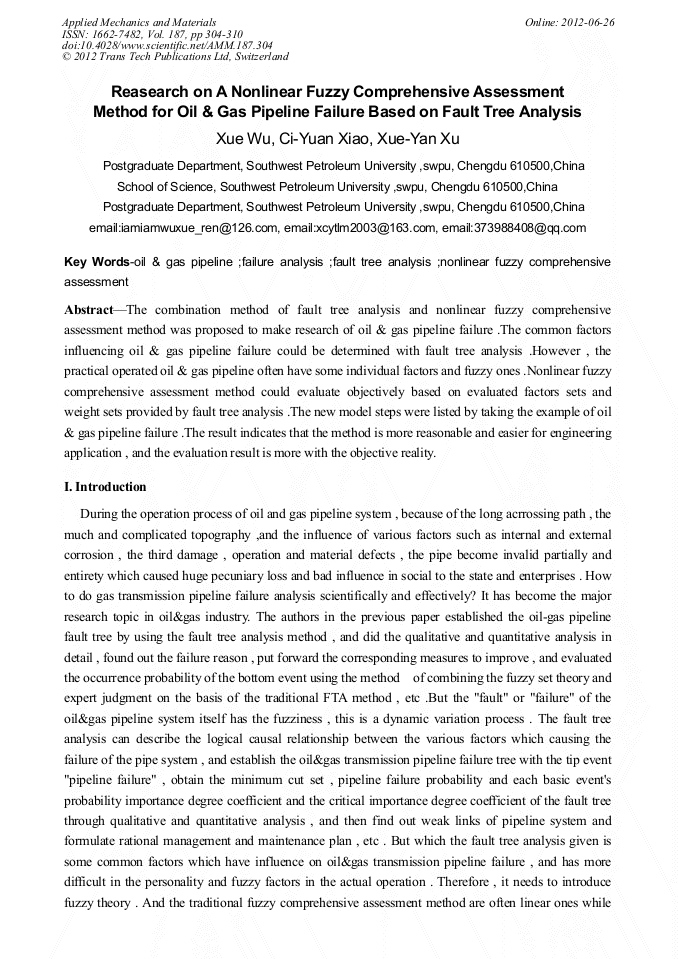 Research on a Fuzzy Comprehensive Assessment Method for Oil