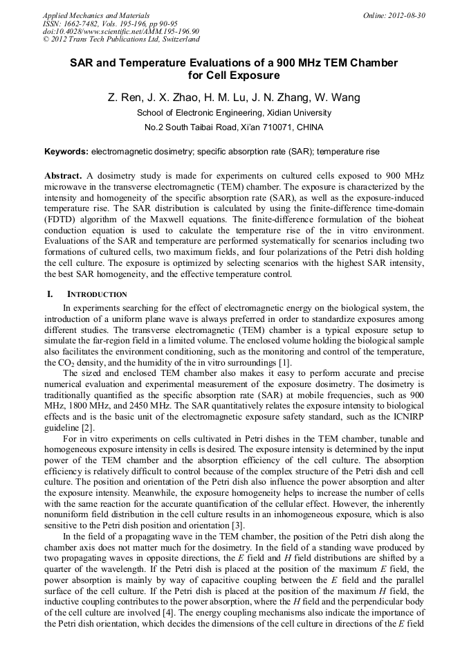SAR and Temperature Evaluations of a 900 Mhz TEM Chamber for Cell