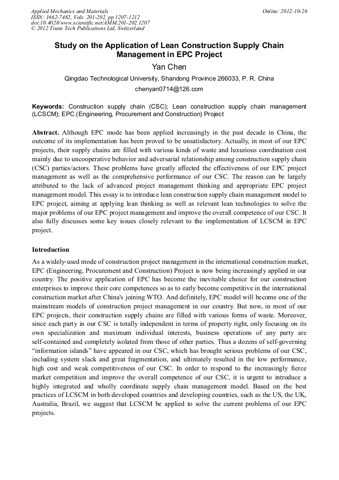 Study on the Application of Lean Construction Supply Chain Management