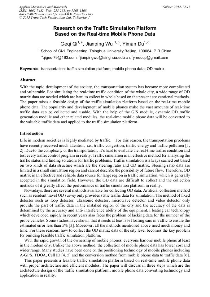 Research on the Traffic Simulation Platform Based on the RealTime