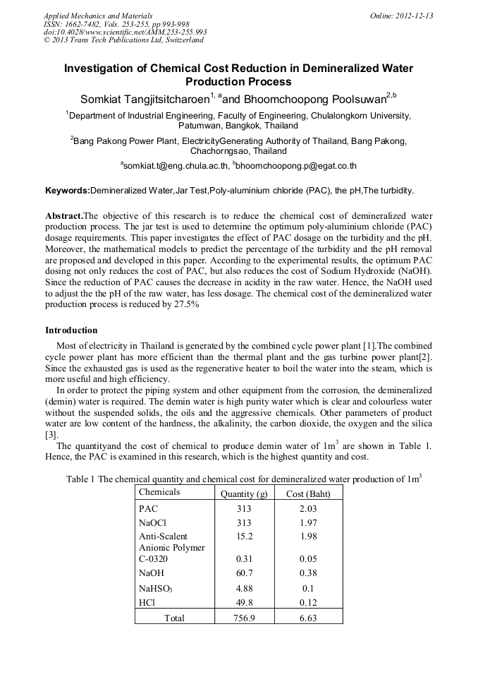 Investigation of Chemical Cost Reduction in Demineralized Water