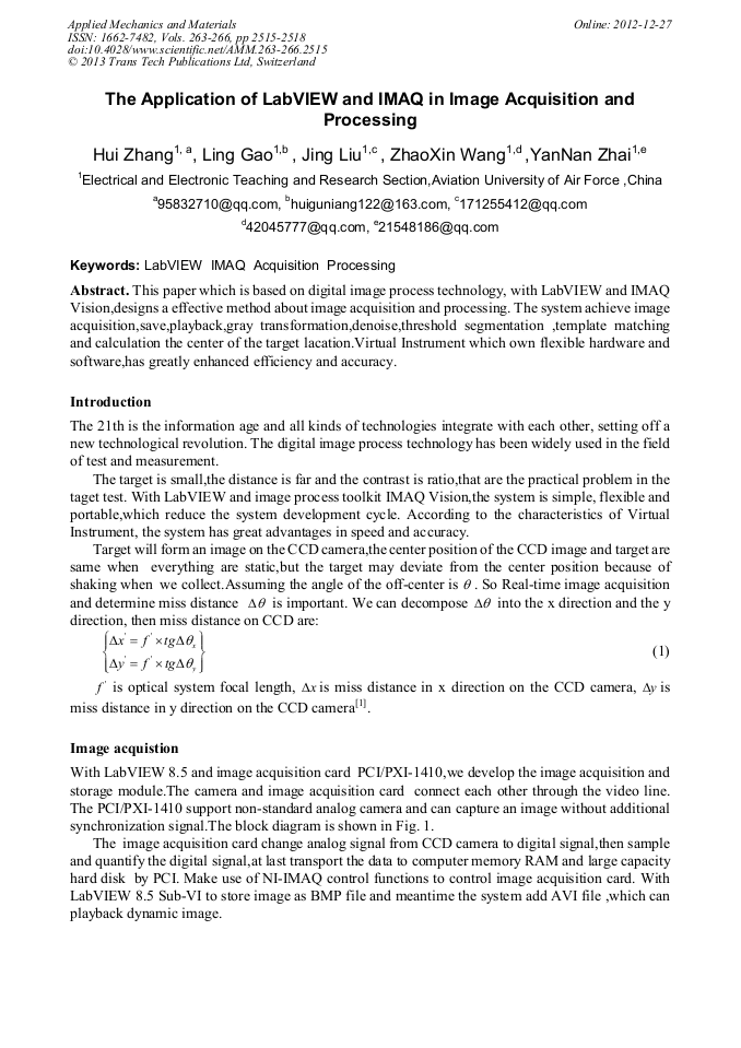 The Application of LabVIEW and IMAQ in Image Acquisition and Processing