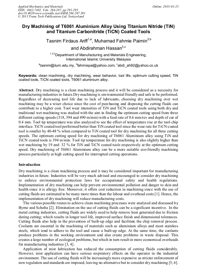 Dry Machining of T6061 Aluminium Alloy Using Titanium Nitride (TiN) and