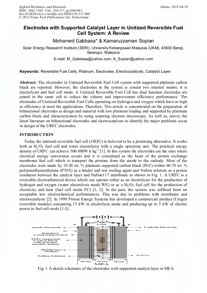 Electrodes with Supported Catalyst Layer in Unitized Reversible Fuel Cell System A Review