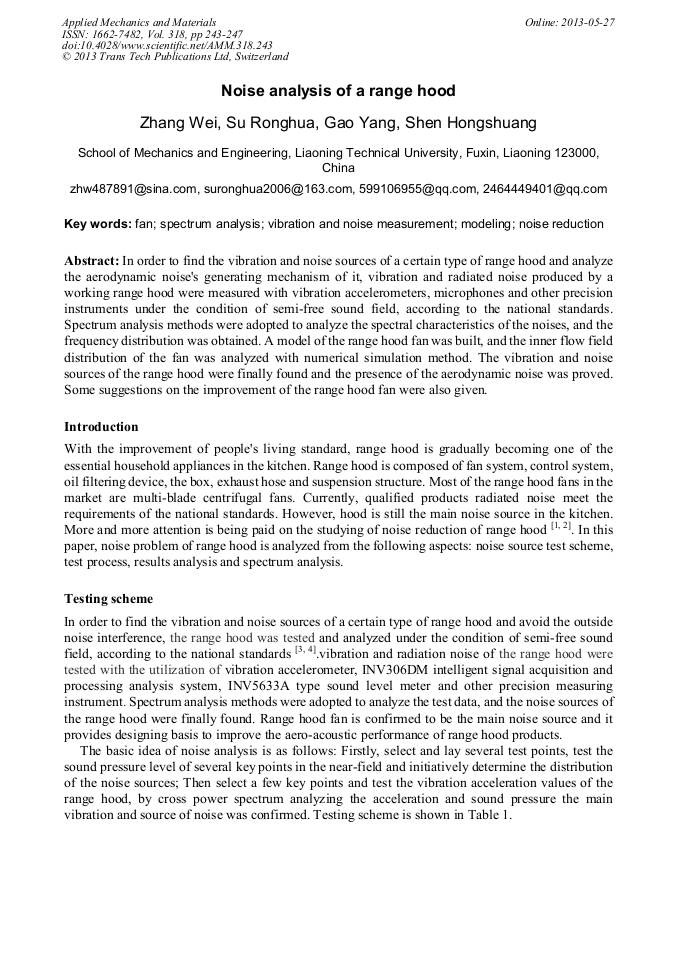 Noise Analysis of a Range Hood