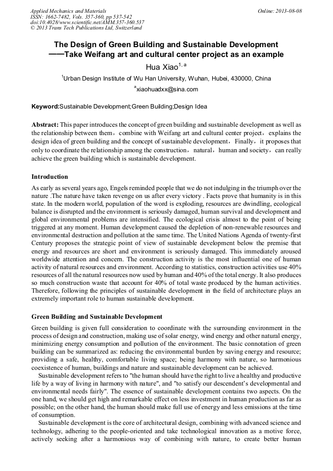 The Design of Green Building and Sustainable Development Take Weifang Art and Cultural Center