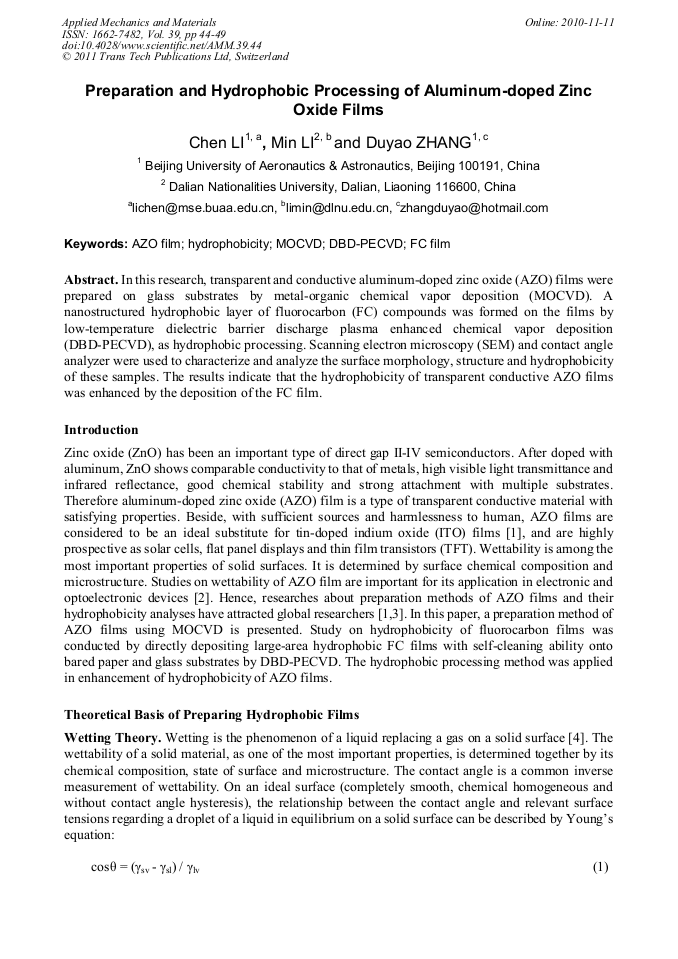 Preparation and Hydrophobic Processing of AluminumDoped Zinc Oxide