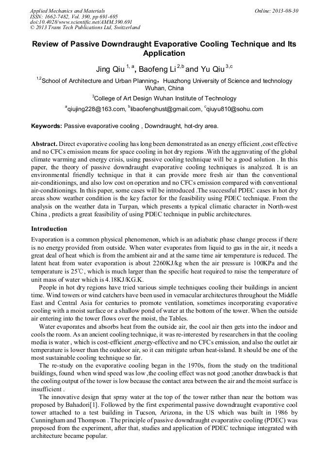 Review of Passive Downdraught Evaporative Cooling Technique and its