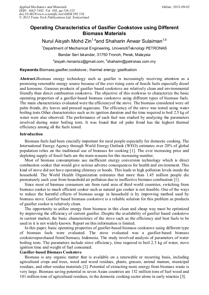 Operating Characteristics of Gasifier Cookstove Using Different Biomass