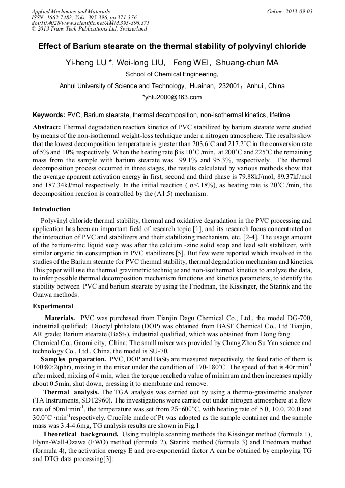 Effect of Barium Stearate on the Thermal Stability of Polyvinyl