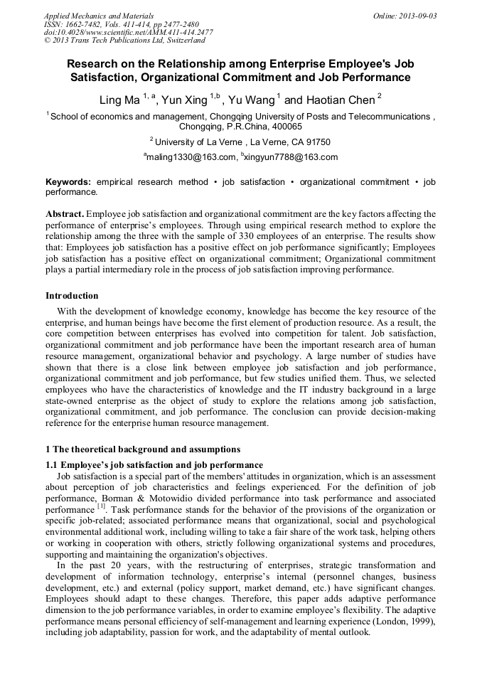 Research on the Relationship among Enterprise Employee's Job