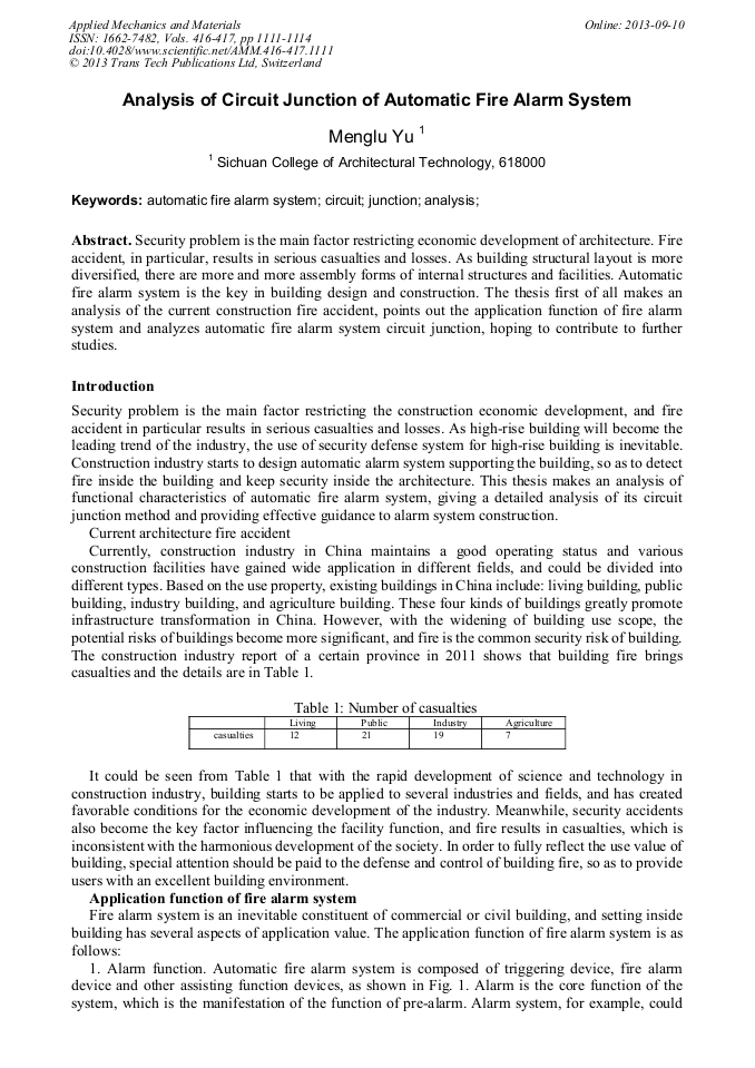 Analysis of Circuit Junction of Automatic Fire Alarm System