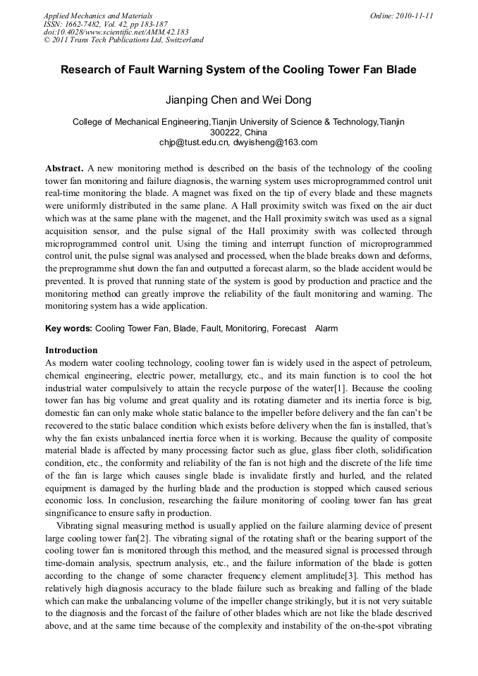 Research of Fault Warning System of the Cooling Tower Fan Blade