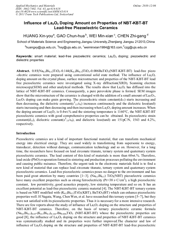 Influence of La2O3 Doping Amount on Properties of NBTKBTBT LeadFree
