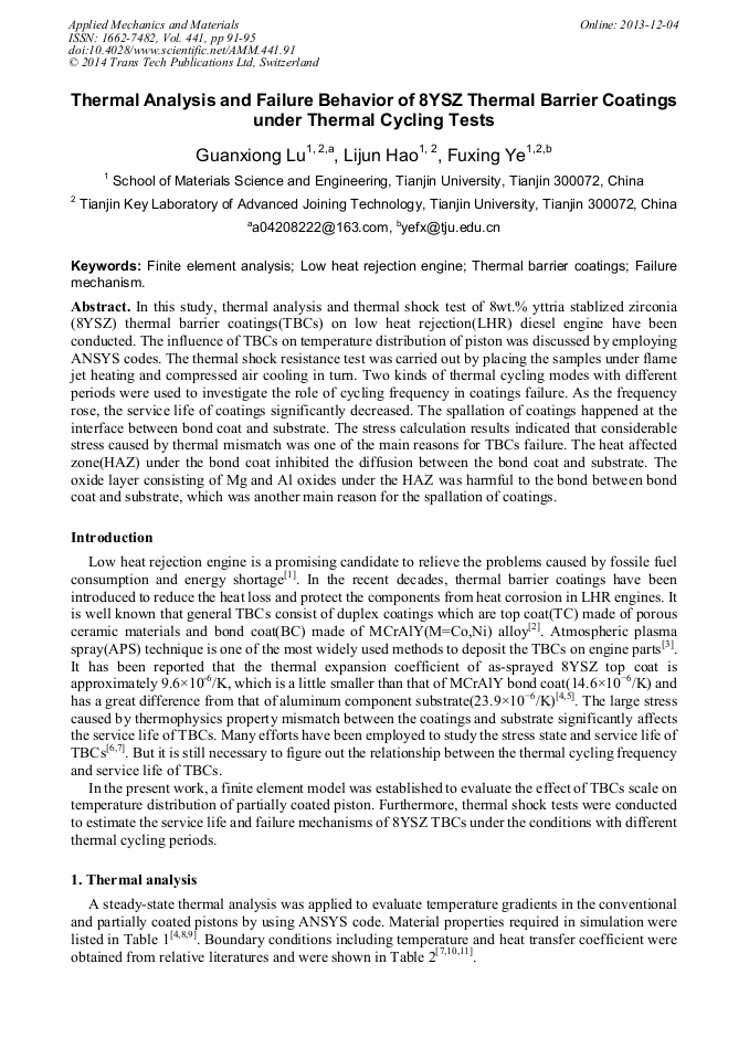 Thermal Analysis and Failure Behavior of 8YSZ Thermal Barrier Coatings