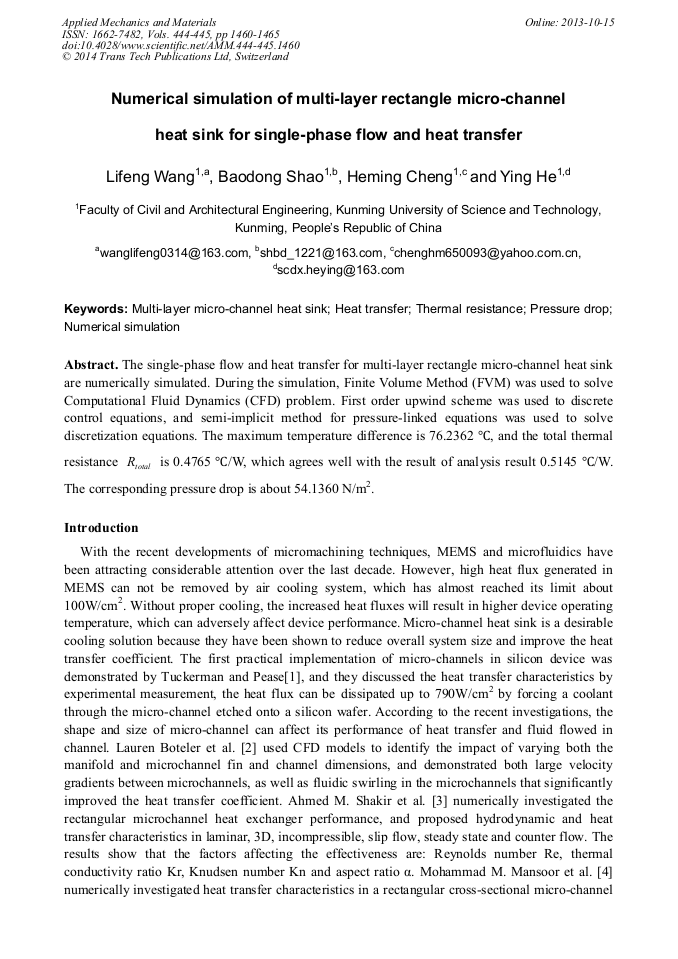 Numerical Simulation of MultiLayer Rectangle MicroChannel Heat Sink