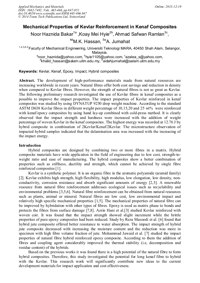 Mechanical Properties of Kevlar Reinforcement in Kenaf Composites