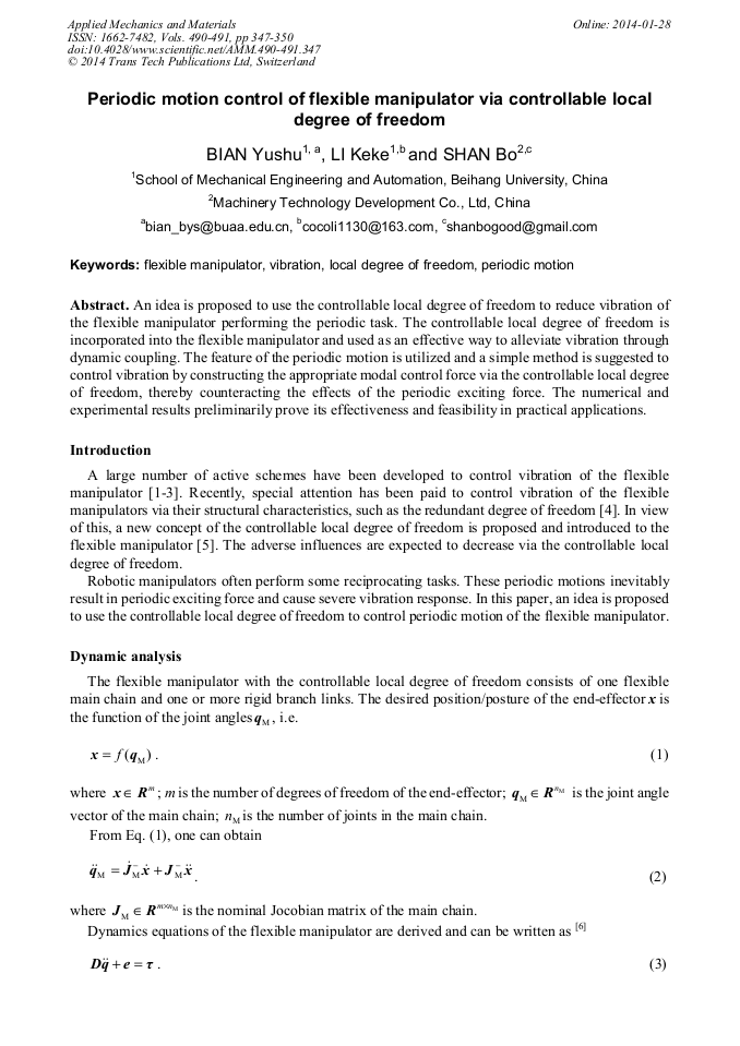 Periodic Motion Control Of Flexible Manipulator Via Controllable