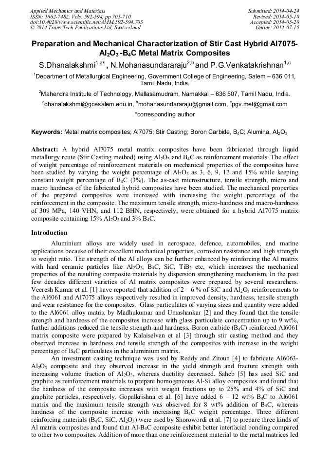 Preparation and Mechanical Characterization of Stir Cast Hybrid Al7075Al2O3 B4C Metal Matrix