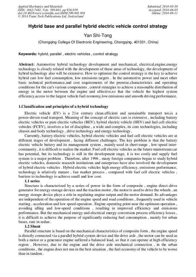 Hybrid Base and Parallel Hybrid Electric Vehicle Control Strategy