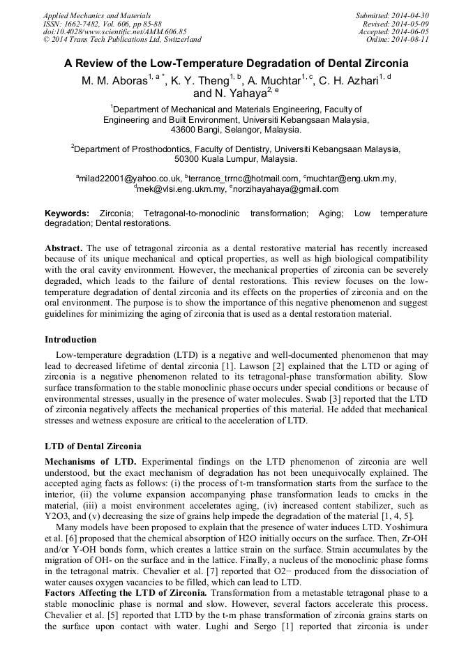 A Review of the LowTemperature Degradation of Dental Zirconia