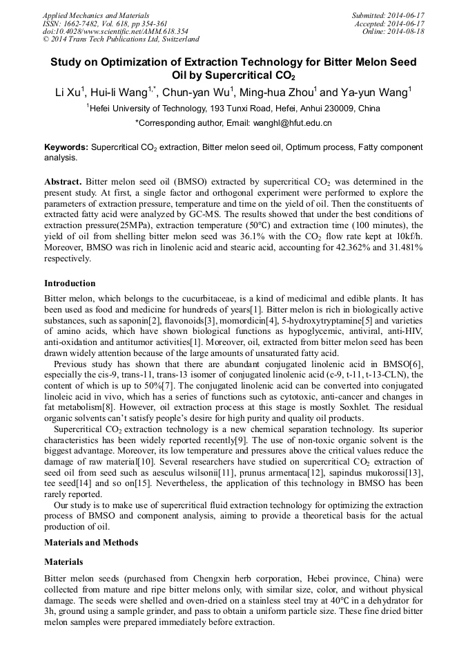 Study on Optimization of Extraction Technology for Bitter Melon Seed