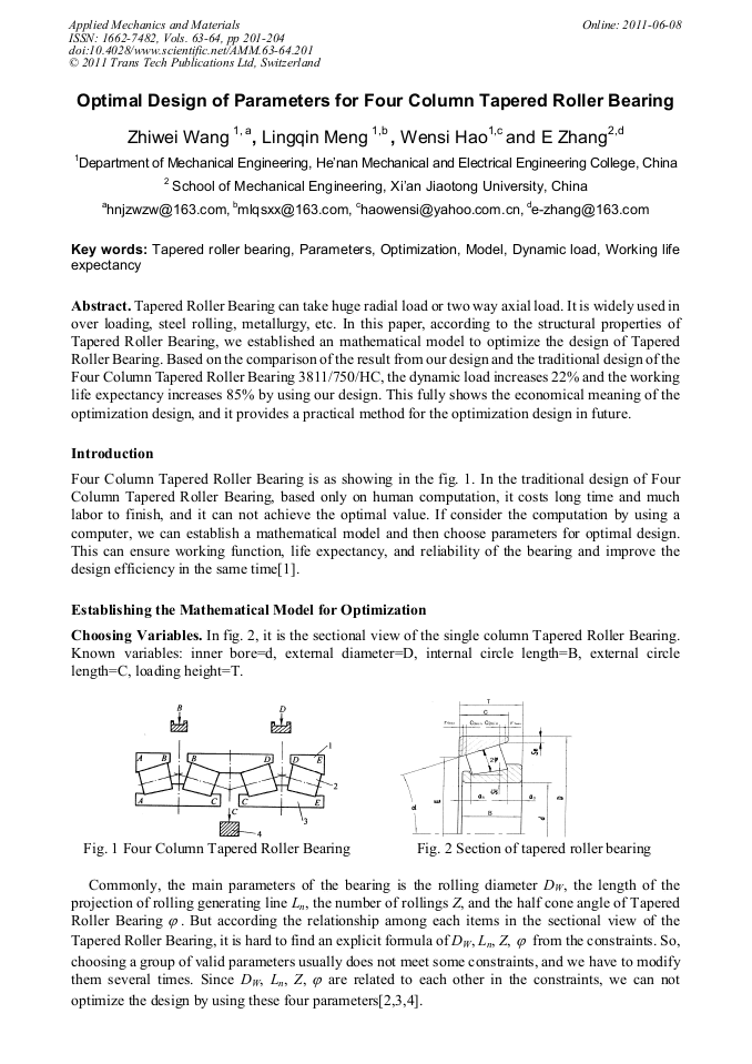 Optimal Design of Parameters for Four Column Tapered Roller Bearing