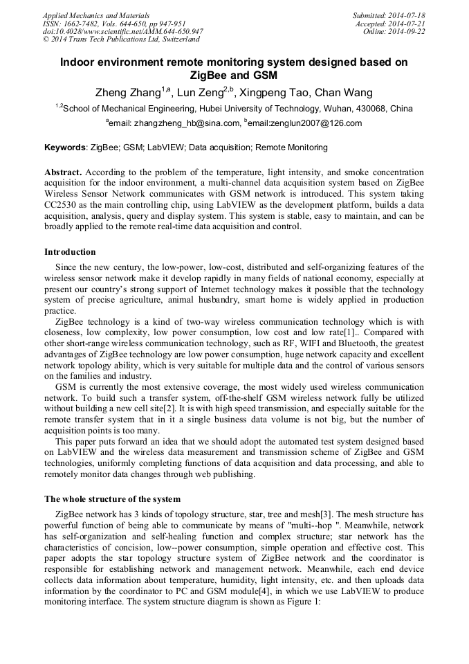Indoor Environment Remote Monitoring System Designed Based on ZigBee