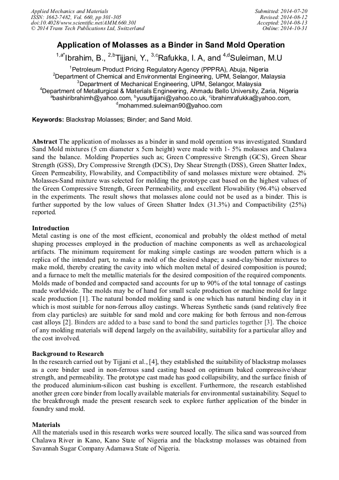 Application of Molasses as a Binder in Sand Mold Operation