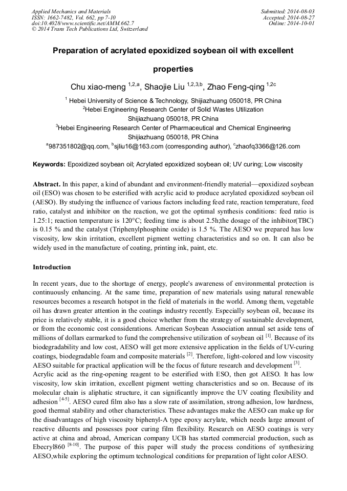 Preparation of Acrylated Epoxidized Soybean Oil with Excellent