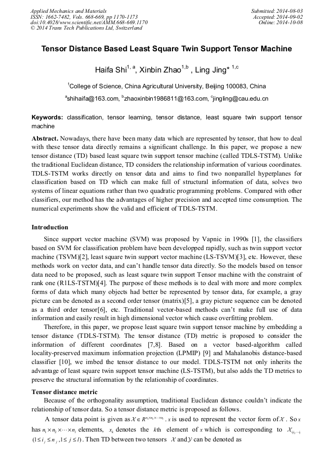 Tensor Distance Based Least Square Twin Support Tensor Machine