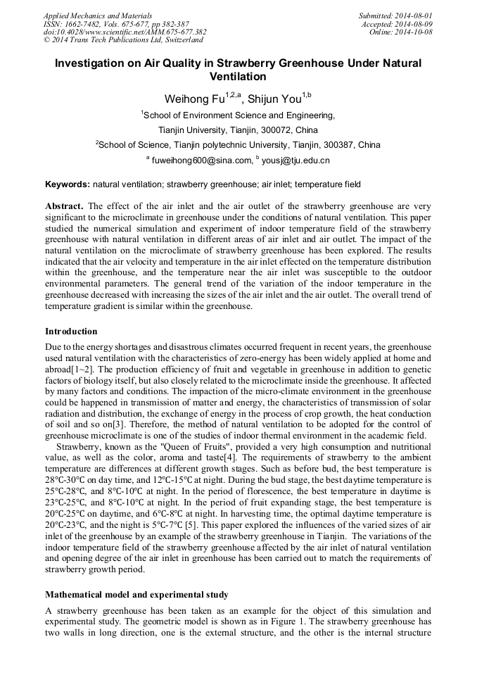 Investigation on Air Quality in Strawberry Greenhouse under Natural