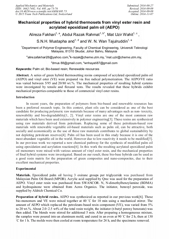 Mechanical Properties of Hybrid Thermosets from Vinyl Ester Resin and