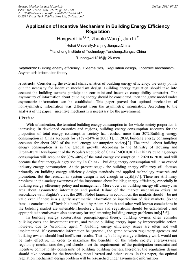 Application of Incentive Mechanism in Building Energy Efficiency