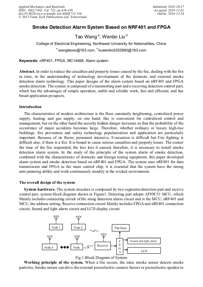 Smoke Detection Alarm System Based on NRF401 and FPGA