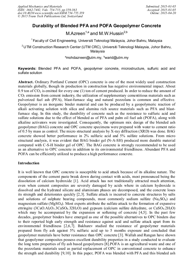 Durability of Blended PFA and POFA Geopolymer Concrete