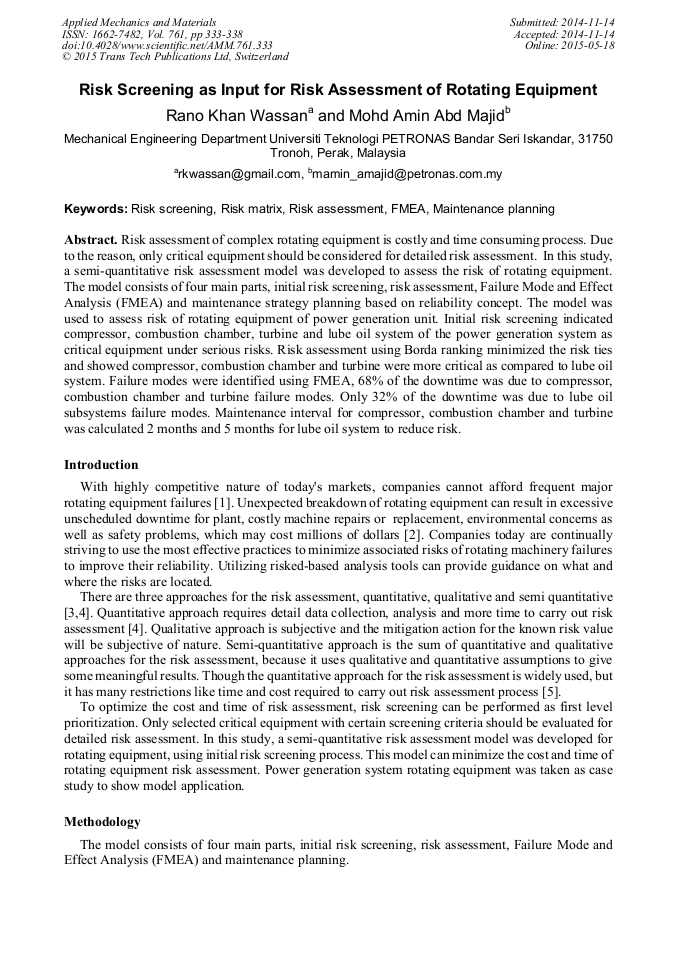 Risk Screening as Input for Risk Assessment of Rotating Equipment