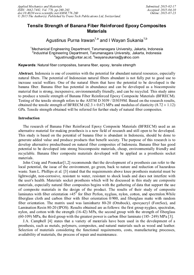 Tensile Strength of Banana Fiber Reinforced Epoxy Composites Materials