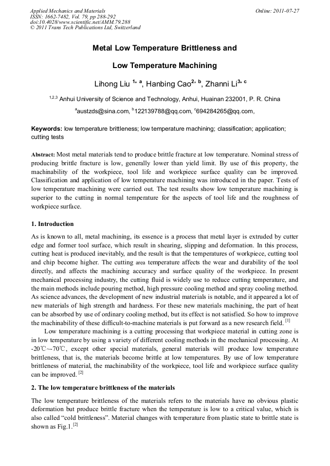 Metal Low Temperature Brittleness and Low Temperature Machining