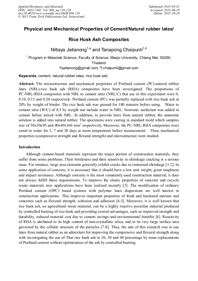 Physical and Mechanical Properties of Cement/Natural Rubber Latex/Rice
