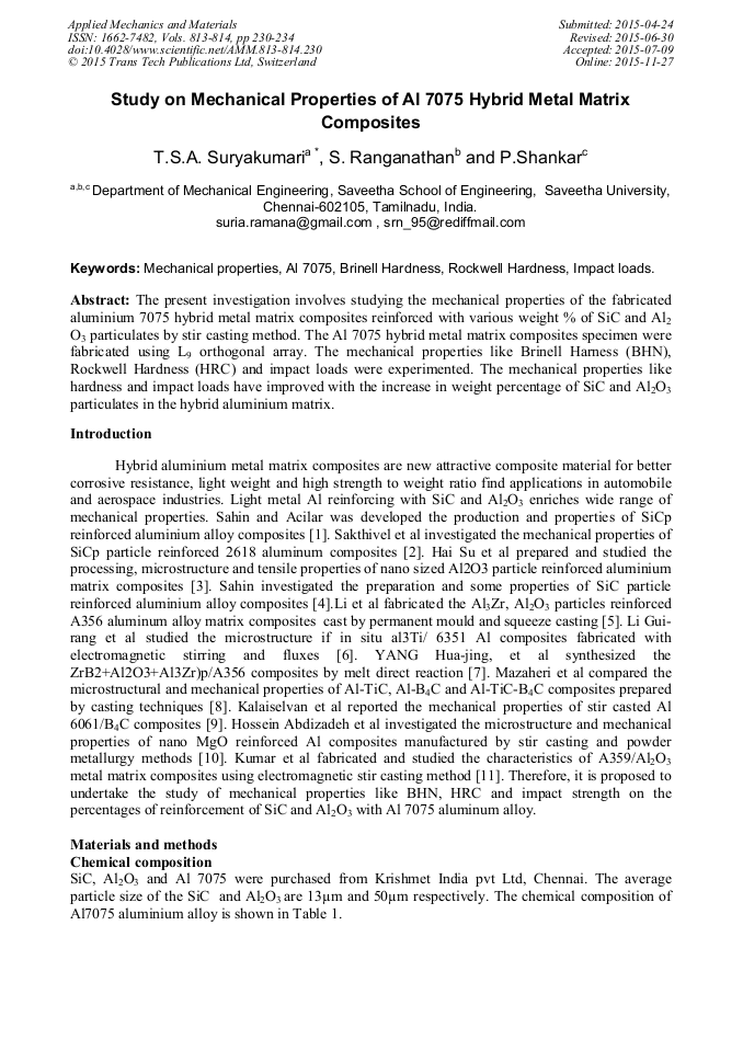 Study on Mechanical Properties of Al 7075 Hybrid Metal Matrix Study on Mechanical Properties of Al 7075 Hybrid Metal Matrix