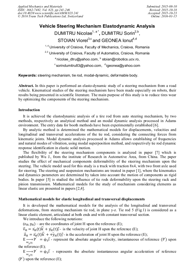 Vehicle Steering Mechanism Elastodynamic Analysis
